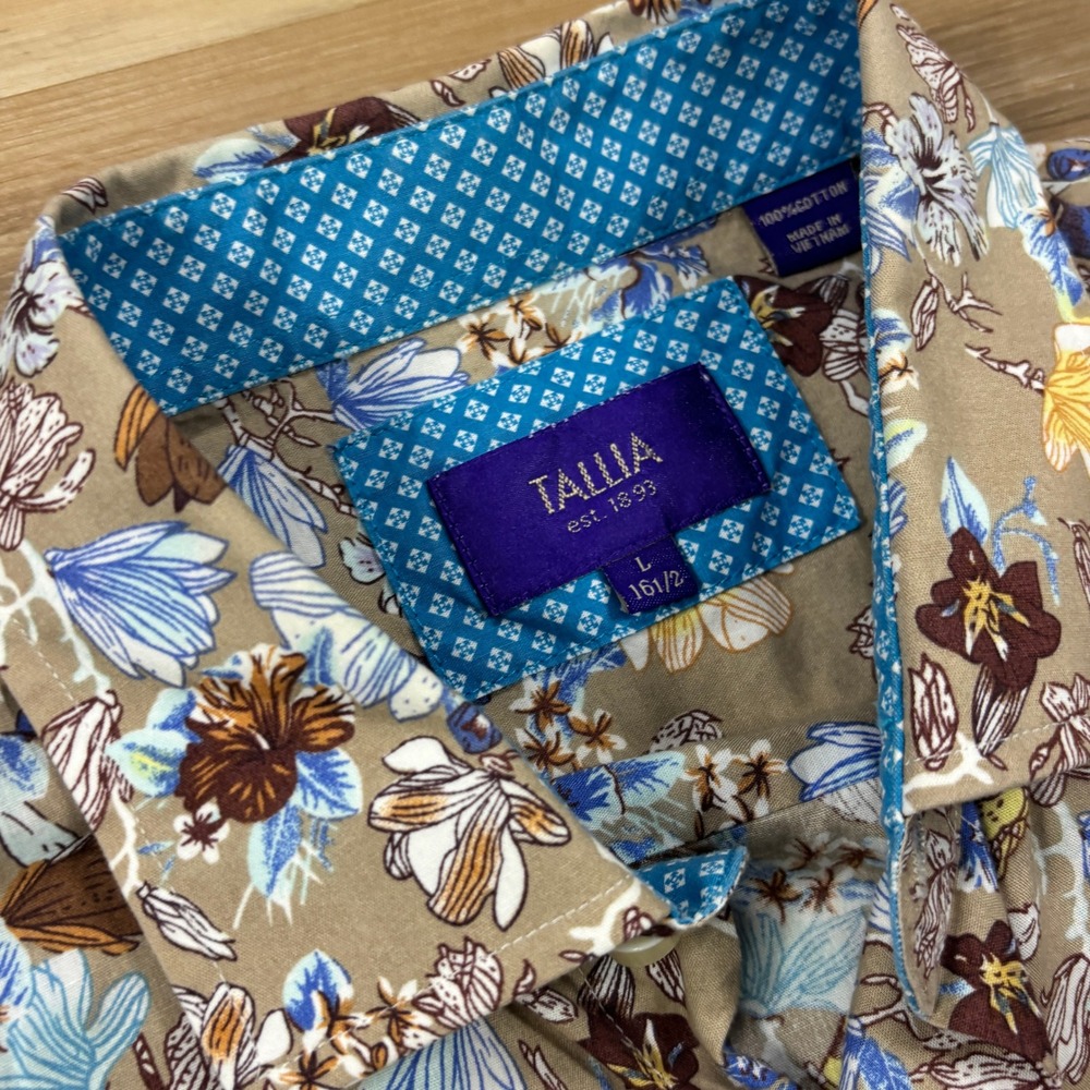 Tallia Floral Button Down Men L 16.5 Contemporary Cotton Slim Fit Tan Brown Blue